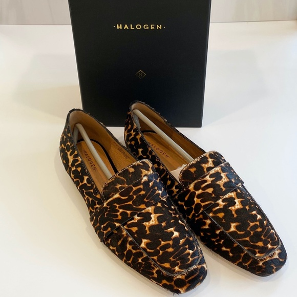 Halogen Lucy Genuine Calf Hair Loafer Chocolate Leopard 6M New in Box - Picture 1 of 11